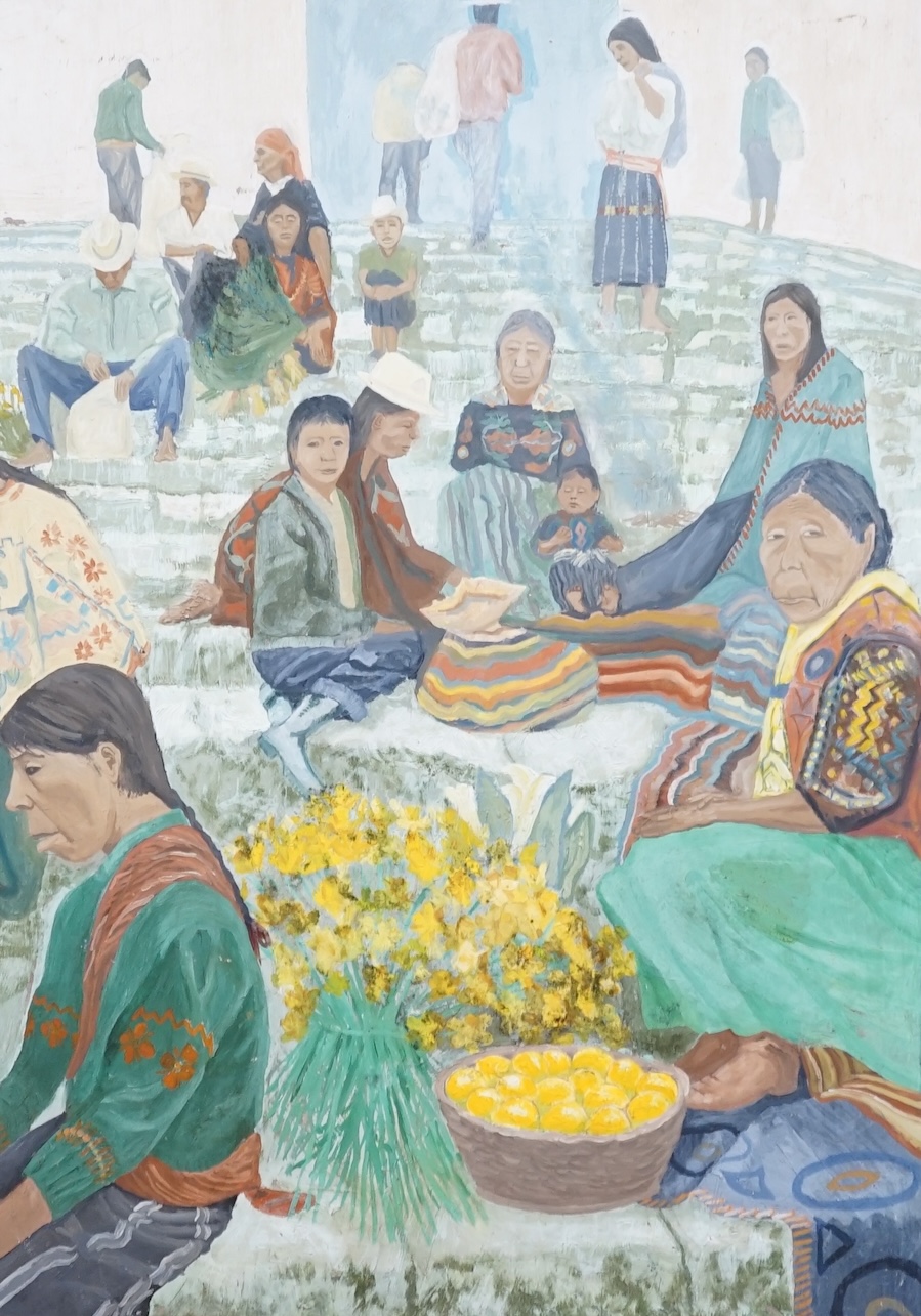 South American School, oil on board, Flower and fruit sellers seated on church steps, 83 x 57cm, unframed. Condition - poor